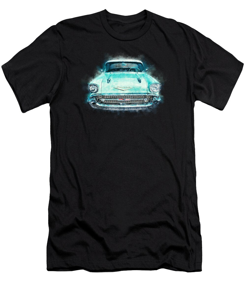Blue 1957 Chevy Bel Air American Classic Car in Colorful Watercolor Andreea Eva Herczegh T-Shirt