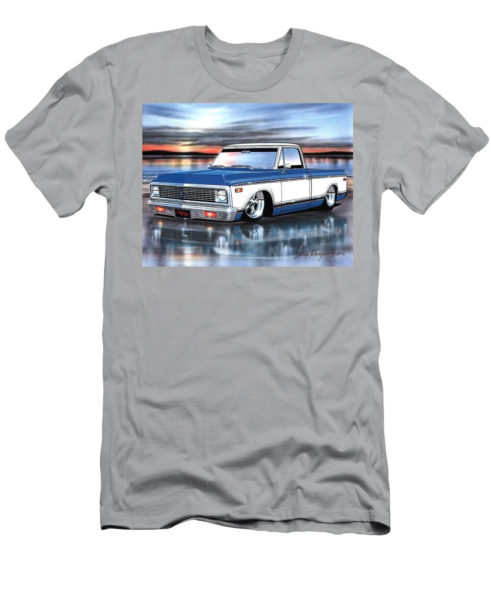Blue and White 72 Chevy C10 Fleetside Parry Johnson T-Shirt