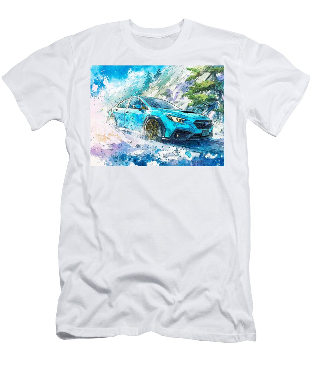 Blue Car Drifting on Mountain Road Subaru Impreza 2023 Sedan Mountain Road Sporty Car Azure Racing C Hollie Love T-Shirt