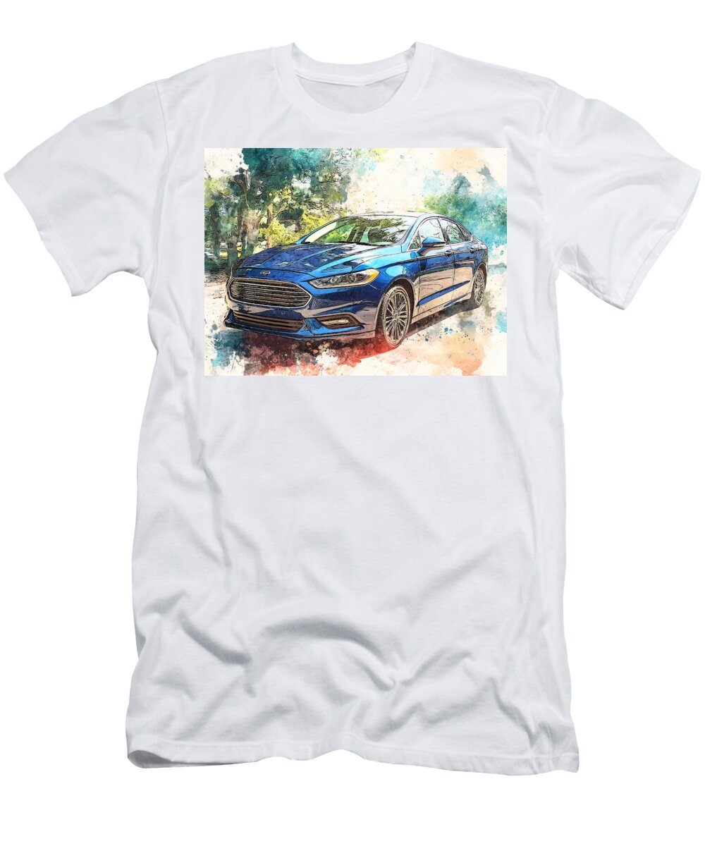 Blue Ford Ford Fusion 2020 Sedan Modern Car Ford Fusion Art Print Hollie Love T-Shirt