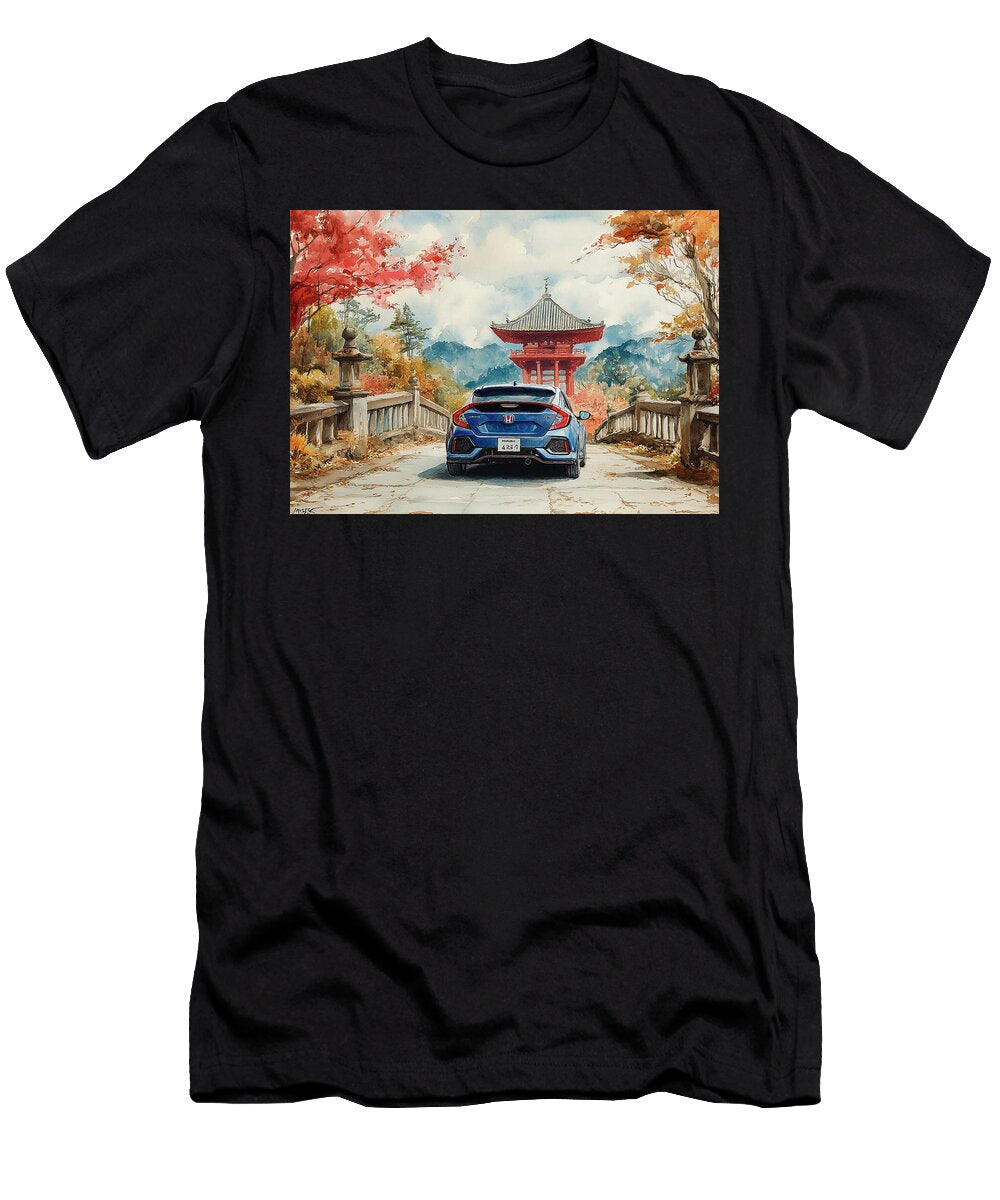 Blue Honda Civic Hatchback Car Driving Through Japanese Autumn Landscape Kyran Estrada T-Shirt