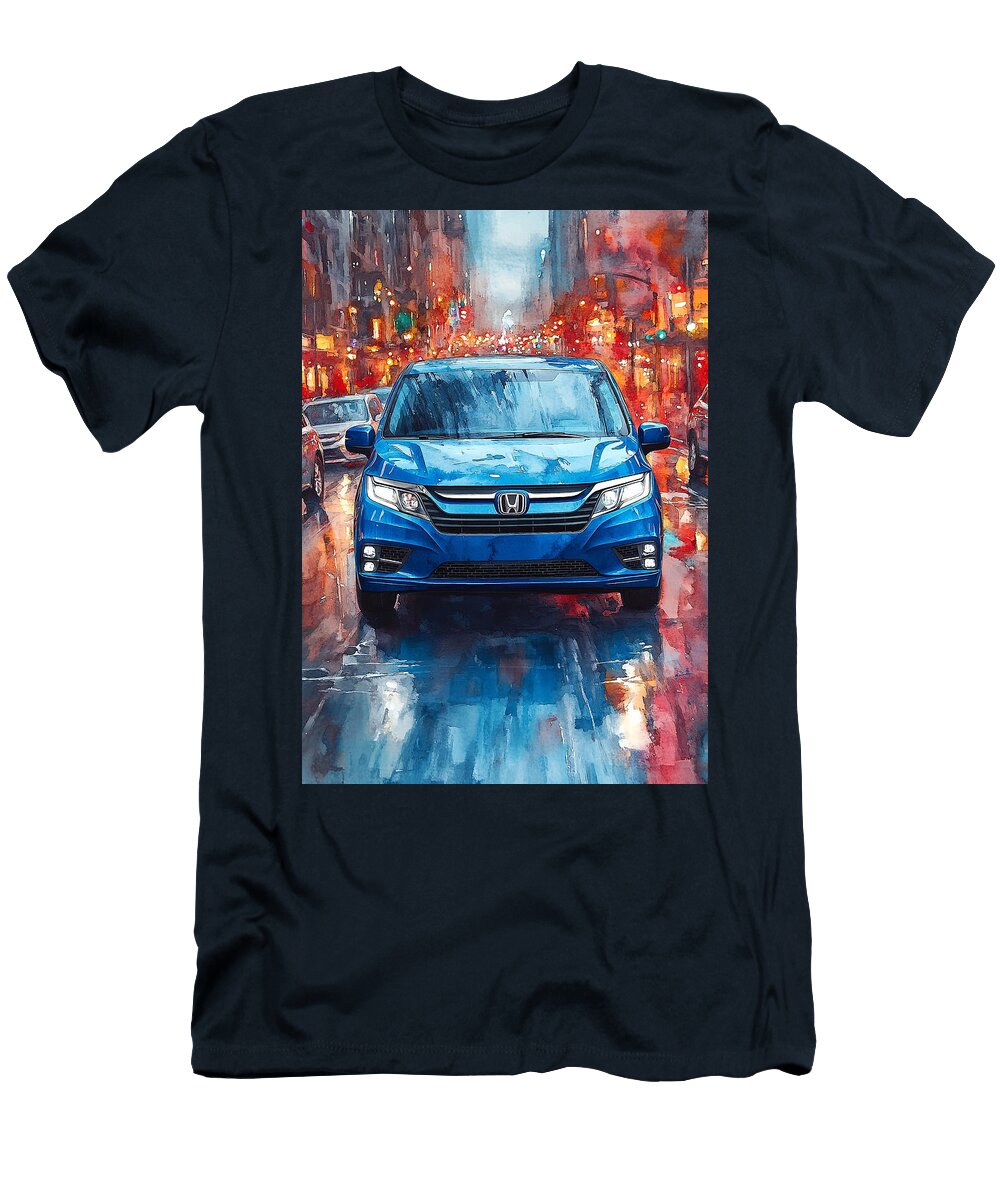Blue Minivan in City Street At Night Urban Transport Kari Goldfalse T-Shirt