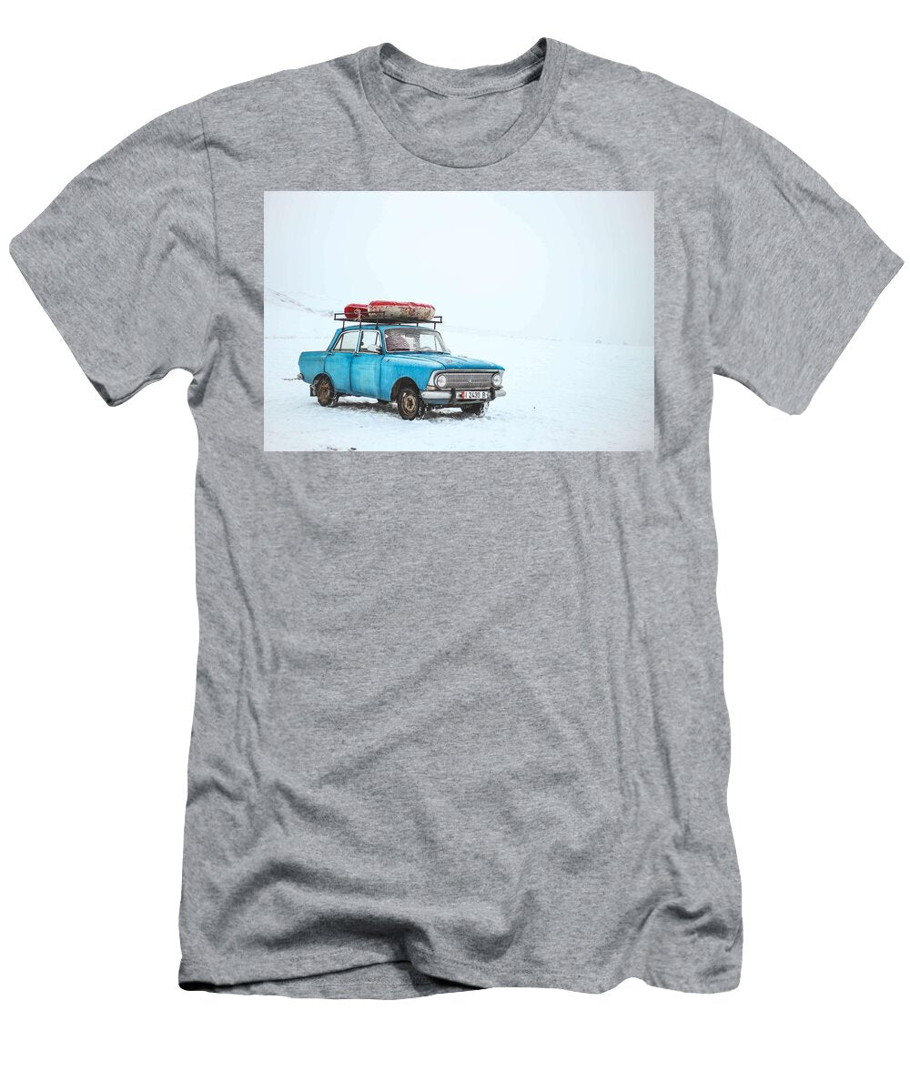 Blue Sedan on Snow At Daytime Celestial Images T-Shirt