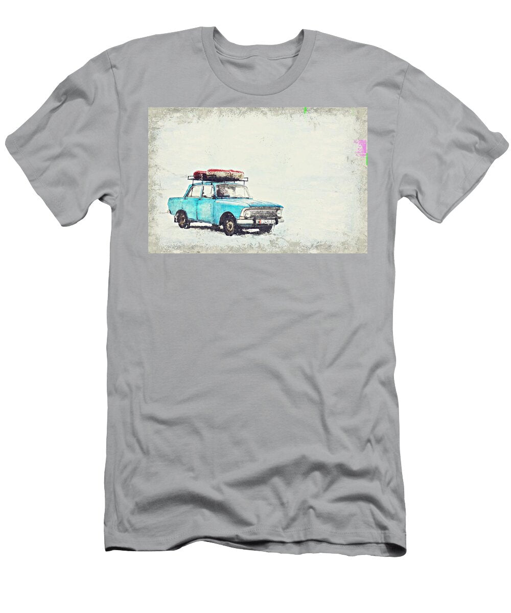 Blue Sedan on Snow At Daytime Inpasto Painting Celestial Images T-Shirt
