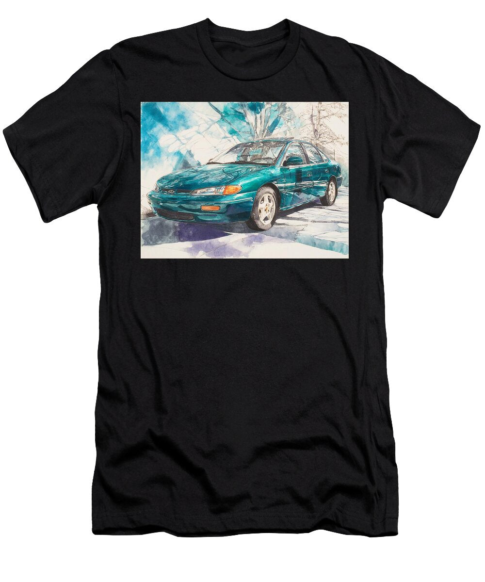 Blue Sedan on Snowy Road Watercolor Artwork Saturn Sl 2000 Sedan Teal Car Painting Teal Car Watercol Hollie Love T-Shirt