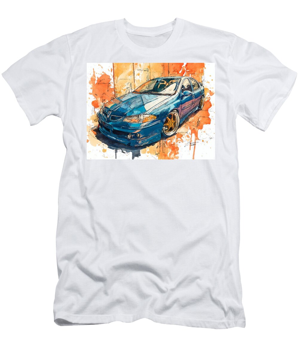 Blue Sedan with Gold Rims Car Illustration Pontiac Grand Am 2000 Sedan Watercolor Art Vibrant Blue C Hollie Love T-Shirt