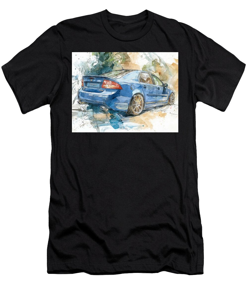 Blue Sedan with Golden Wheels Saab 9 3 Aero 2007 Sedan Automotive Art Watercolor Painting Blue Car W Hollie Love T-Shirt