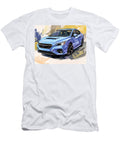 Blue Sports Sedan on Abstract Background Subaru Impreza 2023 Sedan Modern Design Sporty Car Vibrant Hollie Love T-Shirt