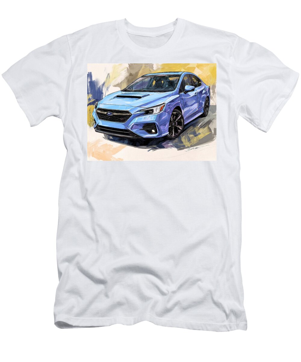 Blue Sports Sedan on Abstract Background Subaru Impreza 2023 Sedan Modern Design Sporty Car Vibrant Hollie Love T-Shirt