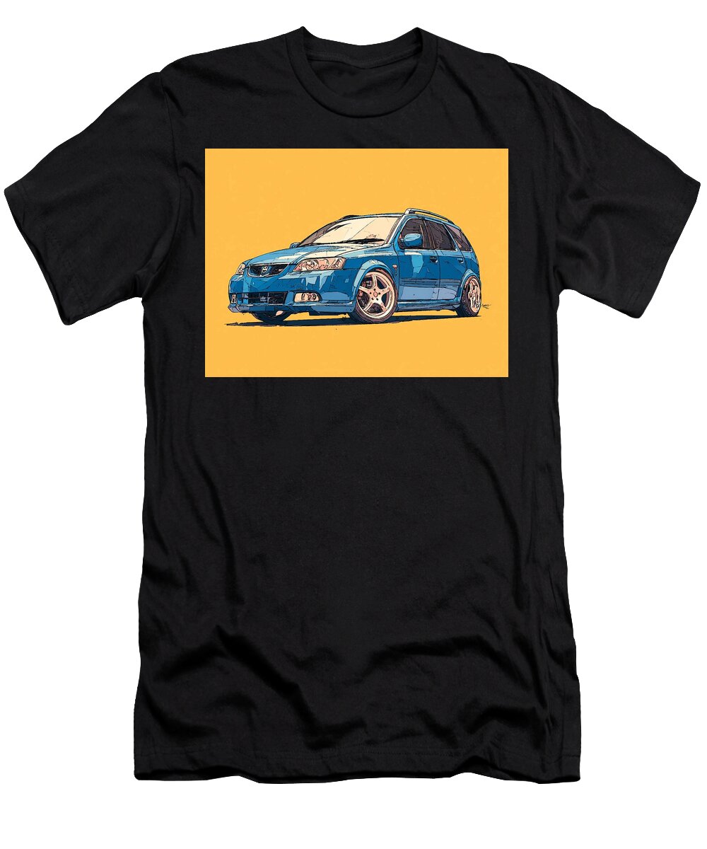 Blue Station Wagon on Orange Background Car Illustration Saab 9 2x 2004 Hatchback Vehicle Design Vib Hollie Love T-Shirt