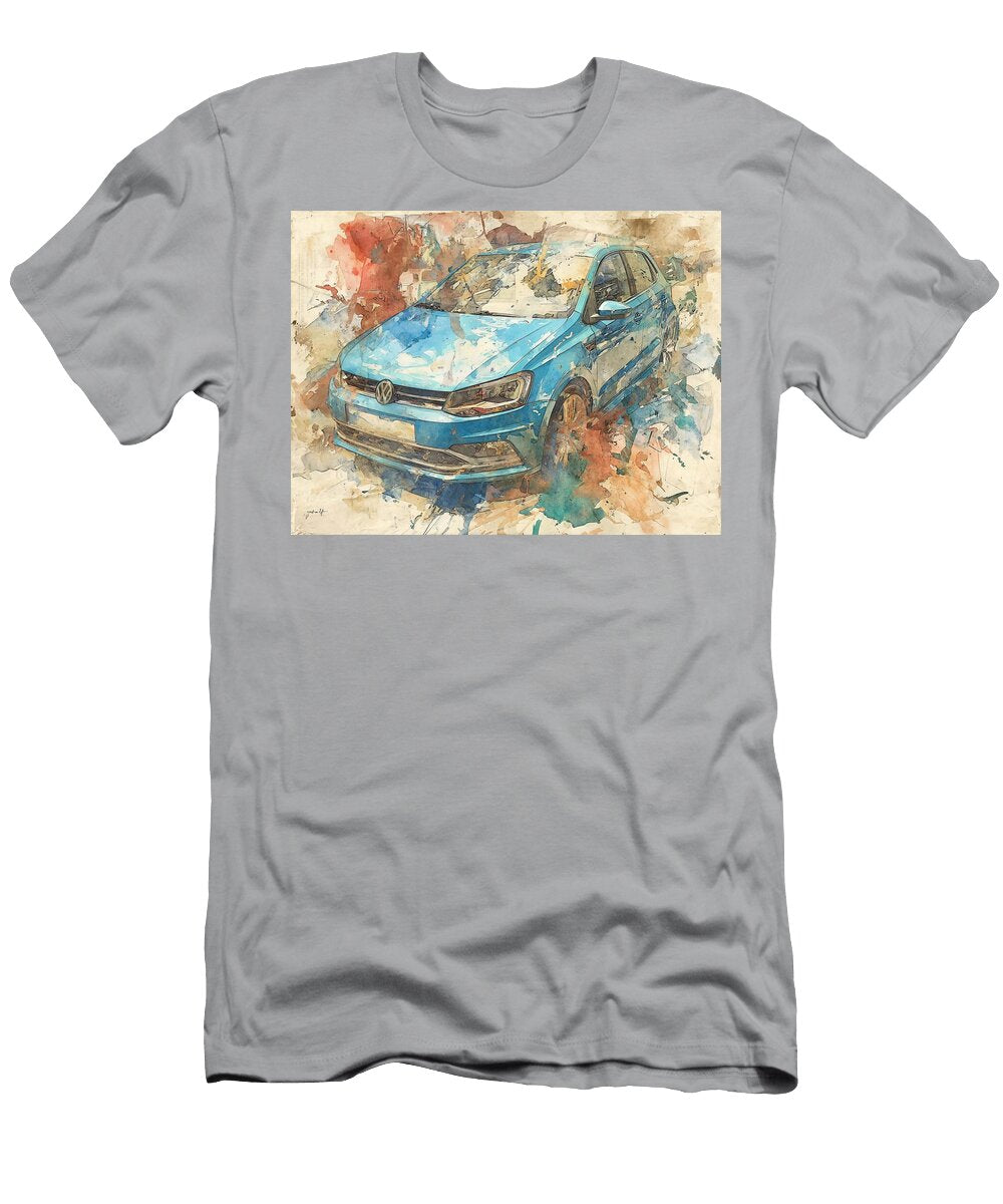 Blue Volkswagen Hatchback in Watercolor Abstract Vehicle Blue Car Art Volkswagen Polo Modern Car Des Elmer Powers T-Shirt