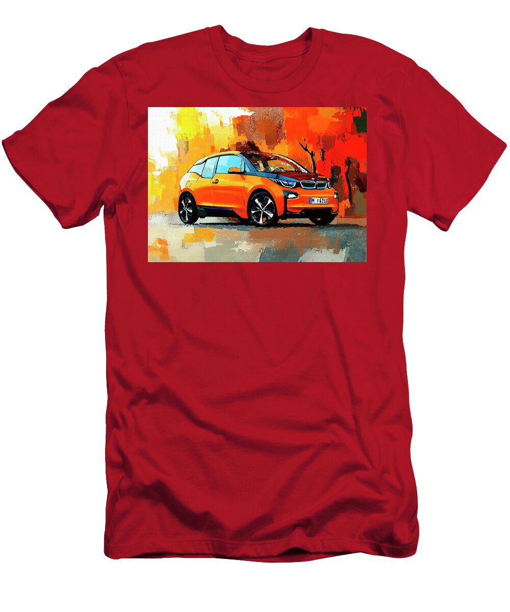 BMW I3 2013 Germany Electric Hatchback Orange Electric Car in Abstract Autumn Setting Pollard Halle T-Shirt