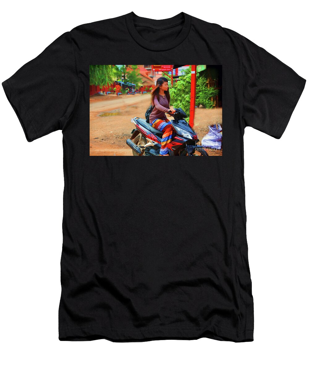 Bright Color Cambodian Woman Scooter Chuck Kuhn T-Shirt