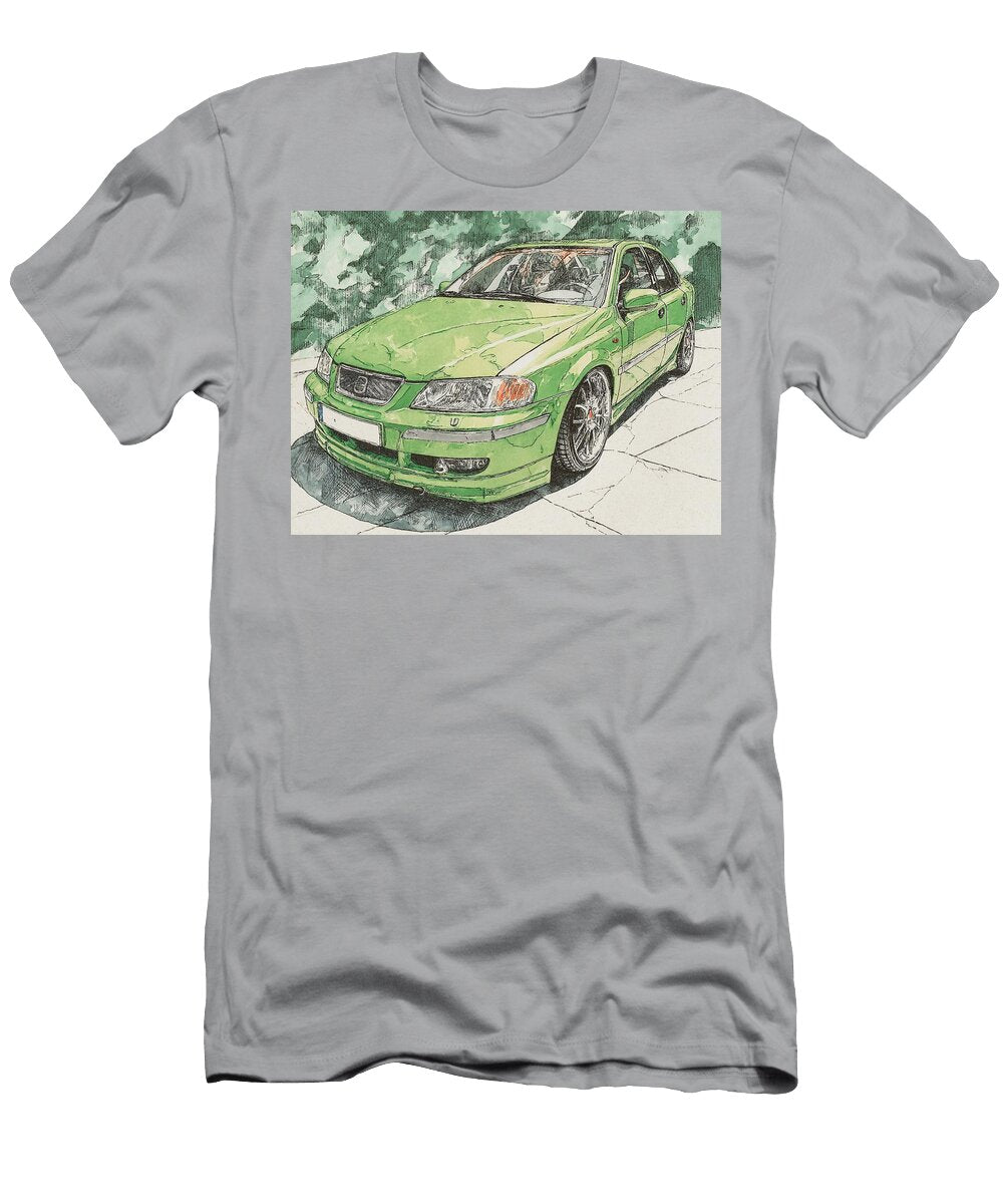 Bright Green Sedan in Focus Artistic Vehicle Saab 9 3 2000 Sedan Green Car Drawing Green Car Artisti Hollie Love T-Shirt