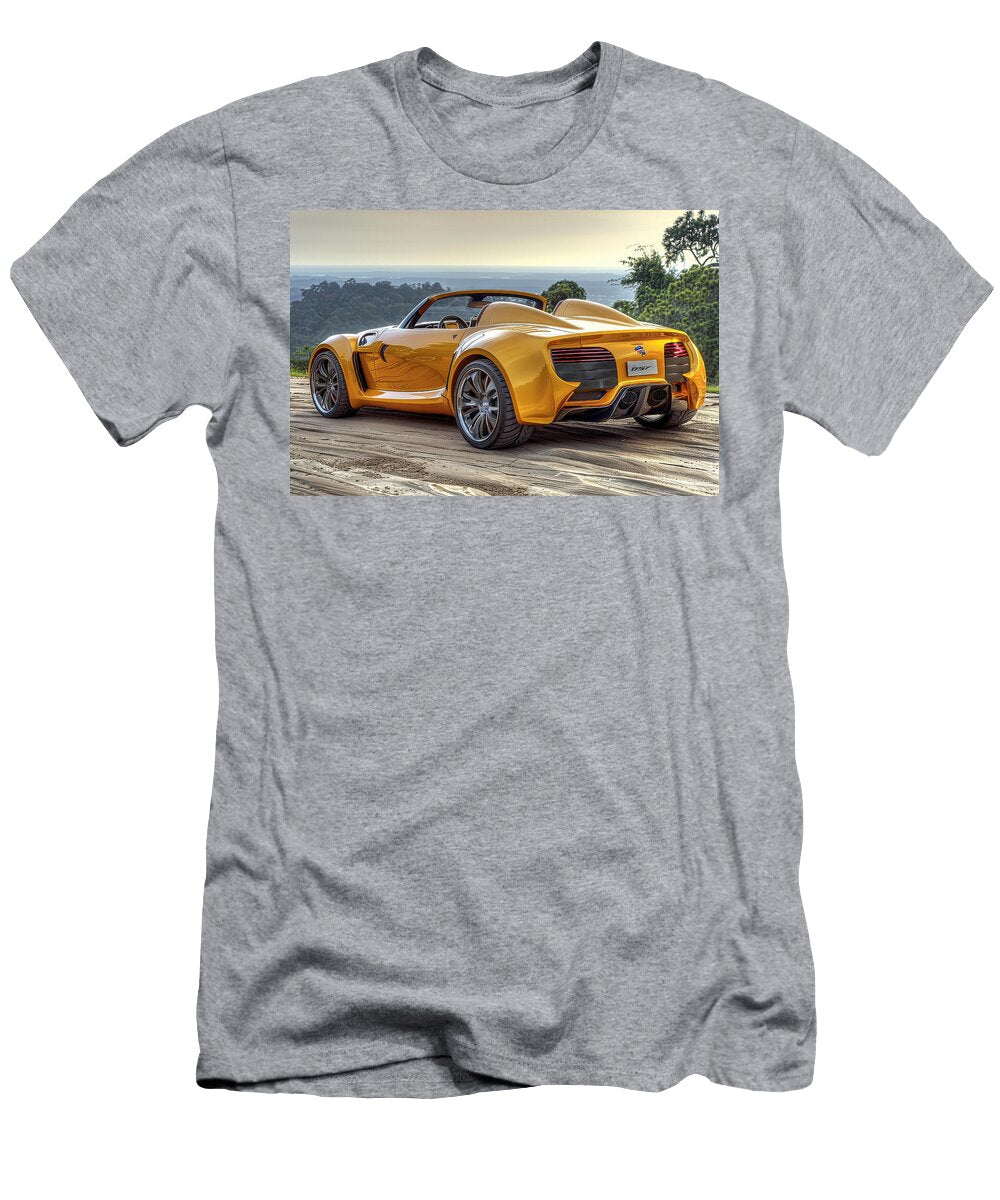 Bright Yellow Sports Car on Scenic Road Evie Carrier T-Shirt