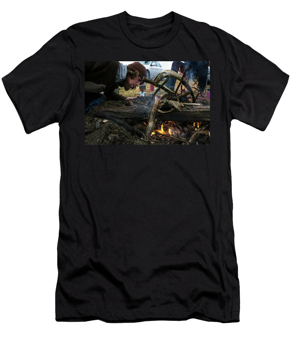 Building a Fire a Camp After a Day Brandon Huttenlocher T-Shirt