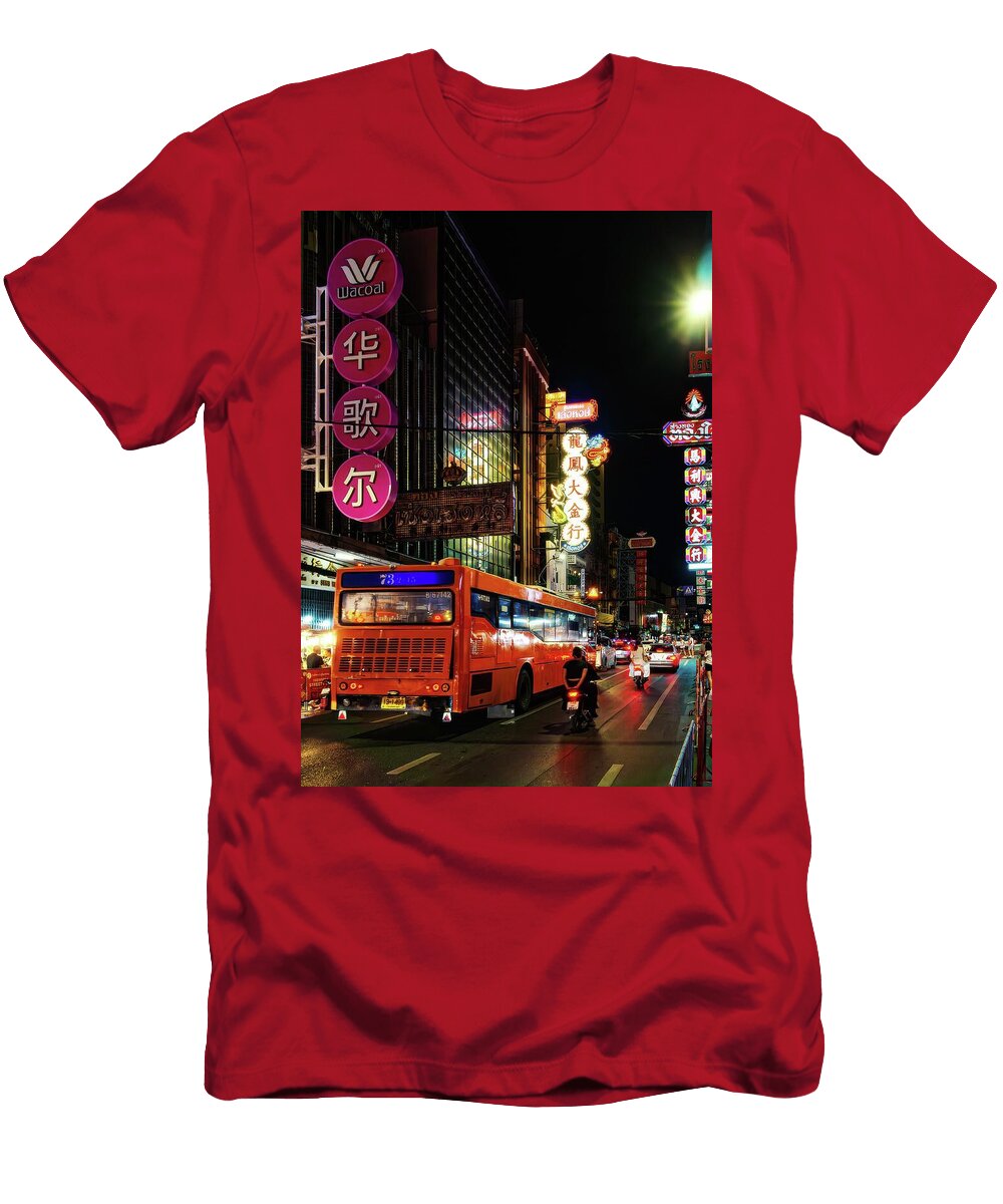 Bustling Nightlife in a Neon Citybangkok China Town Street At Night with Bus Travel Poster Art Print T-Shirt