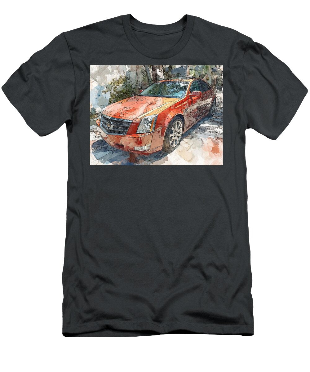Cadillac Sts 2005 Sedan Urban Scene Red Car Vibrant Red Car Illustration Hollie Love T-Shirt