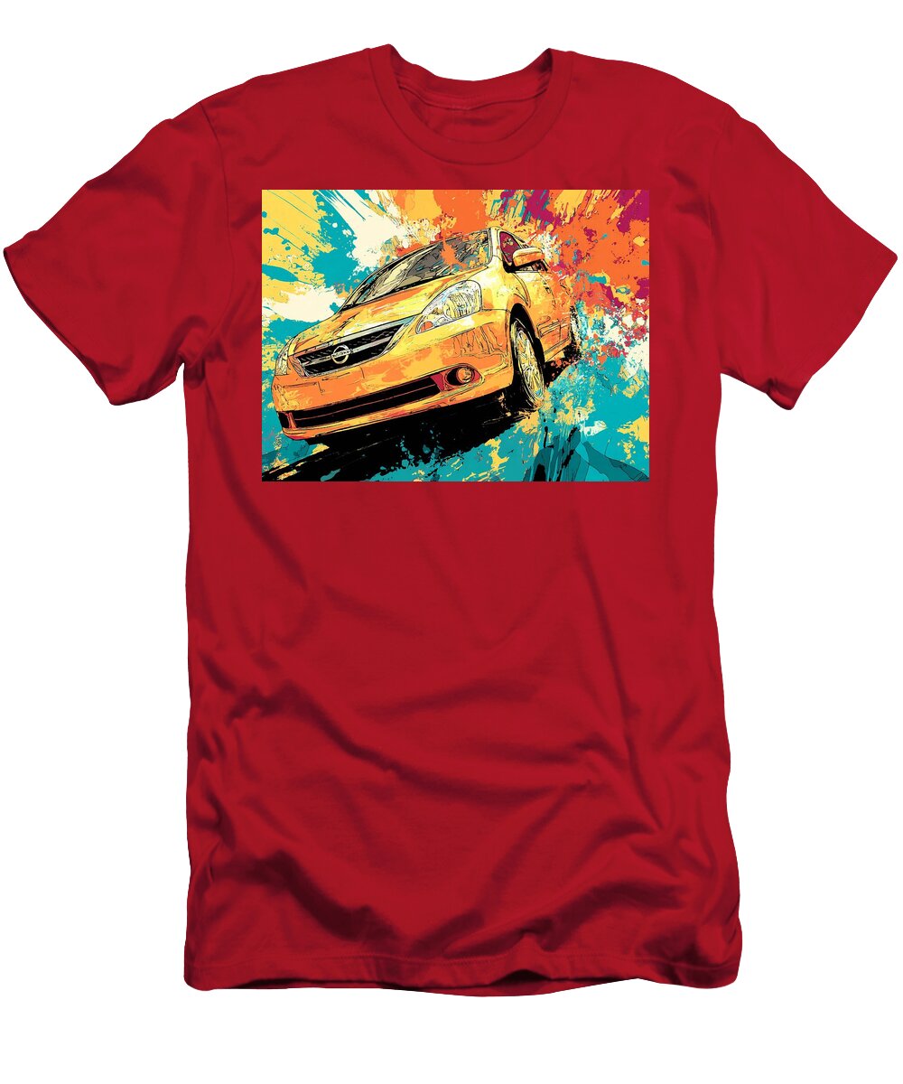 Car Amidst Colorful Splashes Nissan Versa 2006 Hatchback Dynamic Art Colorful Car Vibrant Yellow Car Hollie Love T-Shirt