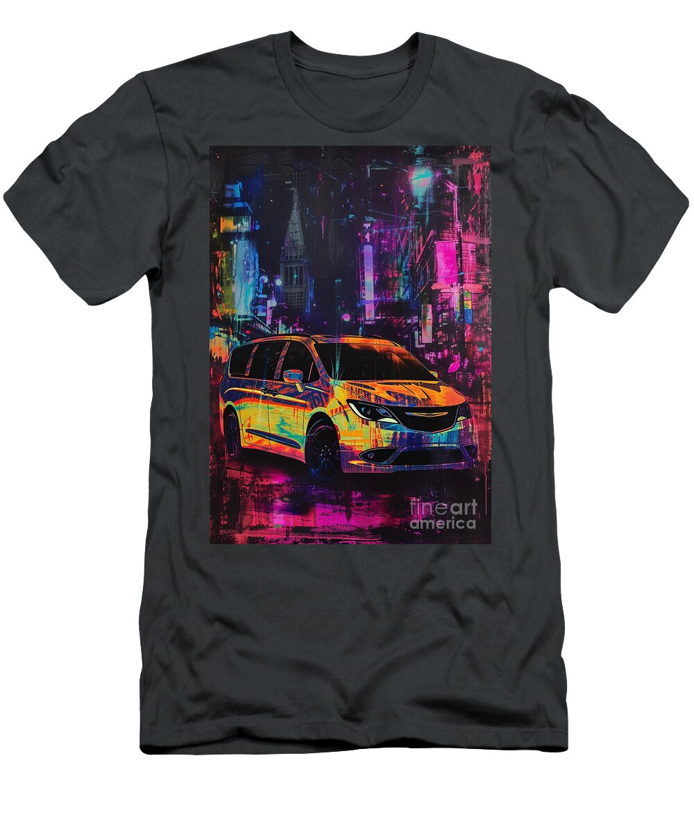 Car Graphic Chrysler Pacifica with a Neon Lit Urban Environment Garage Mancave Destiney Sullivan T-Shirt
