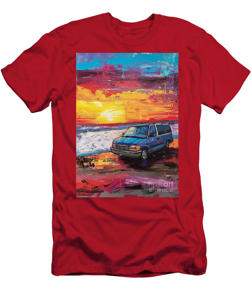 Car Graphic Chrysler Voyager in a Beach Sunset Scene Garage Mancave Destiney Sullivan T-Shirt