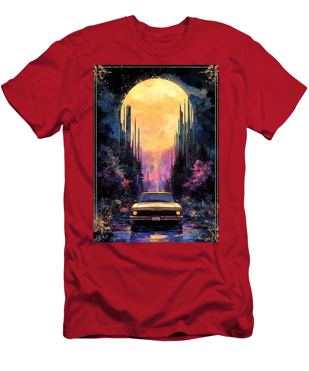 Car on a Road Under a Full Moon in a Dreamlike Forest Kyran Estrada T-Shirt