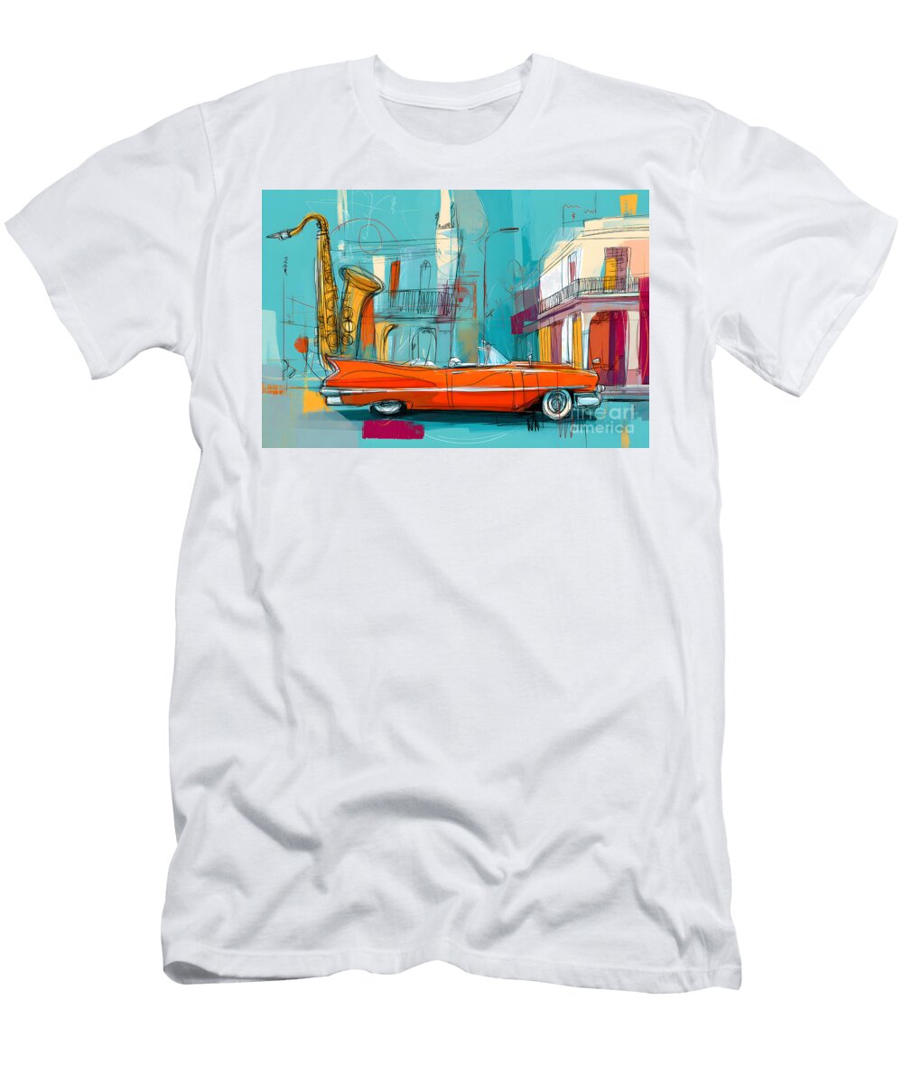 Celebrate Havanas Retro Vibes Saxophone and Orange Convertible in a Colorful Urban Scene Olfactoart Studio T-Shirt