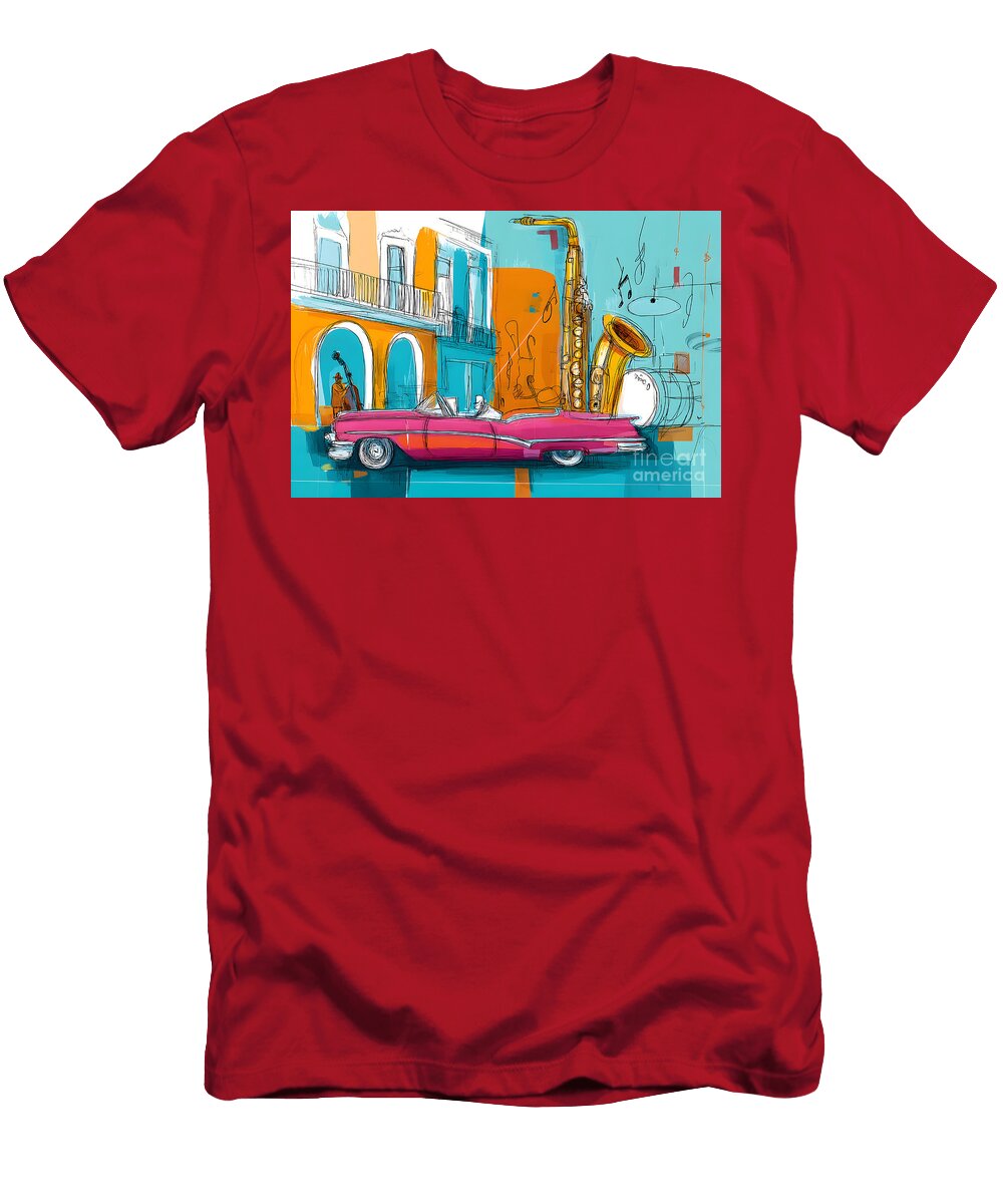 Celebrate Havanas Rhythm Pink Convertible and Giant Saxophone in a Colorful Urban Dance Olfactoart Studio T-Shirt