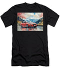 Chevrolet Cruze Hatchback Red Car Under Cherry Blossoms and Mountain Peak Watercolor Kyran Estrada T-Shirt