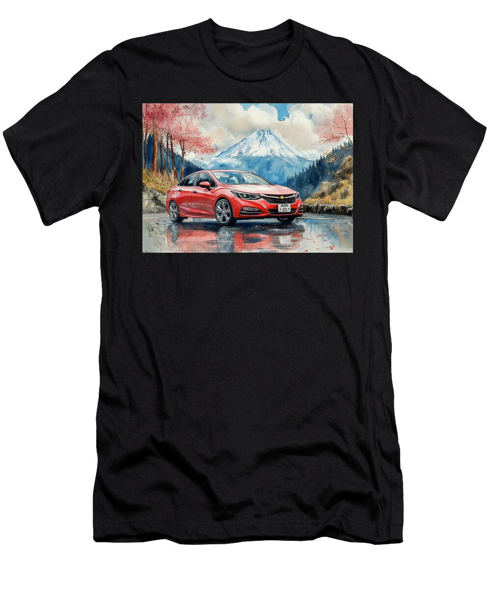 Chevrolet Cruze Hatchback Red Car Under Cherry Blossoms and Mountain Peak Watercolor Kyran Estrada T-Shirt