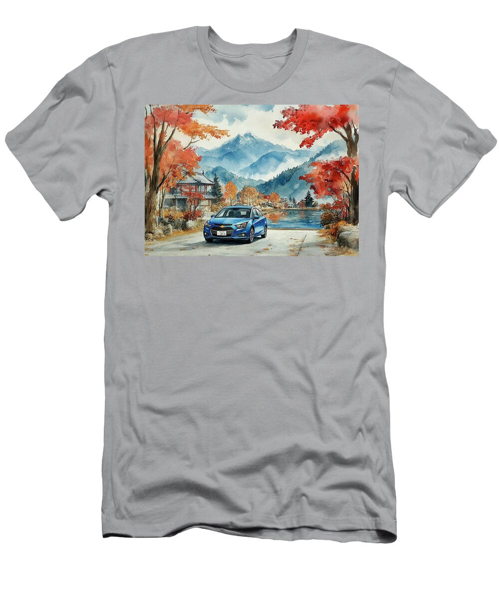 Chevrolet Cruze Hatchback Watercolor of a Blue Car Parked Near a Lake in a Mountainous Landscape with Autumn Foliage Kyran Estrada T-Shirt