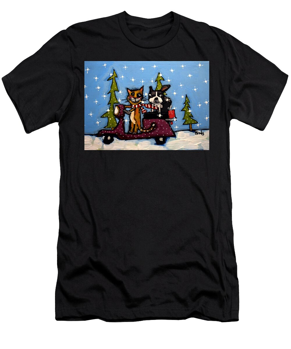 Christmas Cat and Dog on a Scooter David Hinds T-Shirt