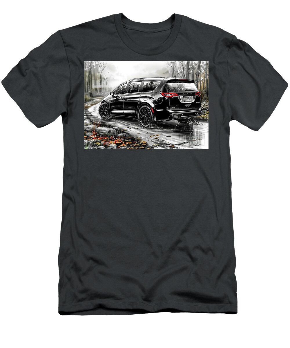 Chrysler Pacifica Black Minivan Driving Through Forest Stream Lowell Harann T-Shirt