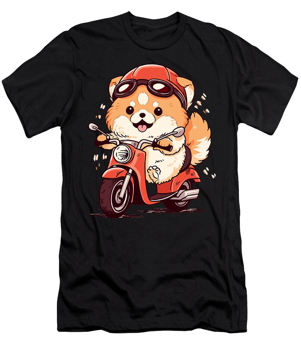 Chubby Pomeranian Dog Riding a Red Scooter Natalie Lidford T-Shirt