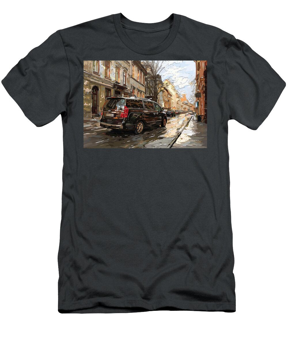 City Street with Minivan and Buildings Kari Goldfalse T-Shirt
