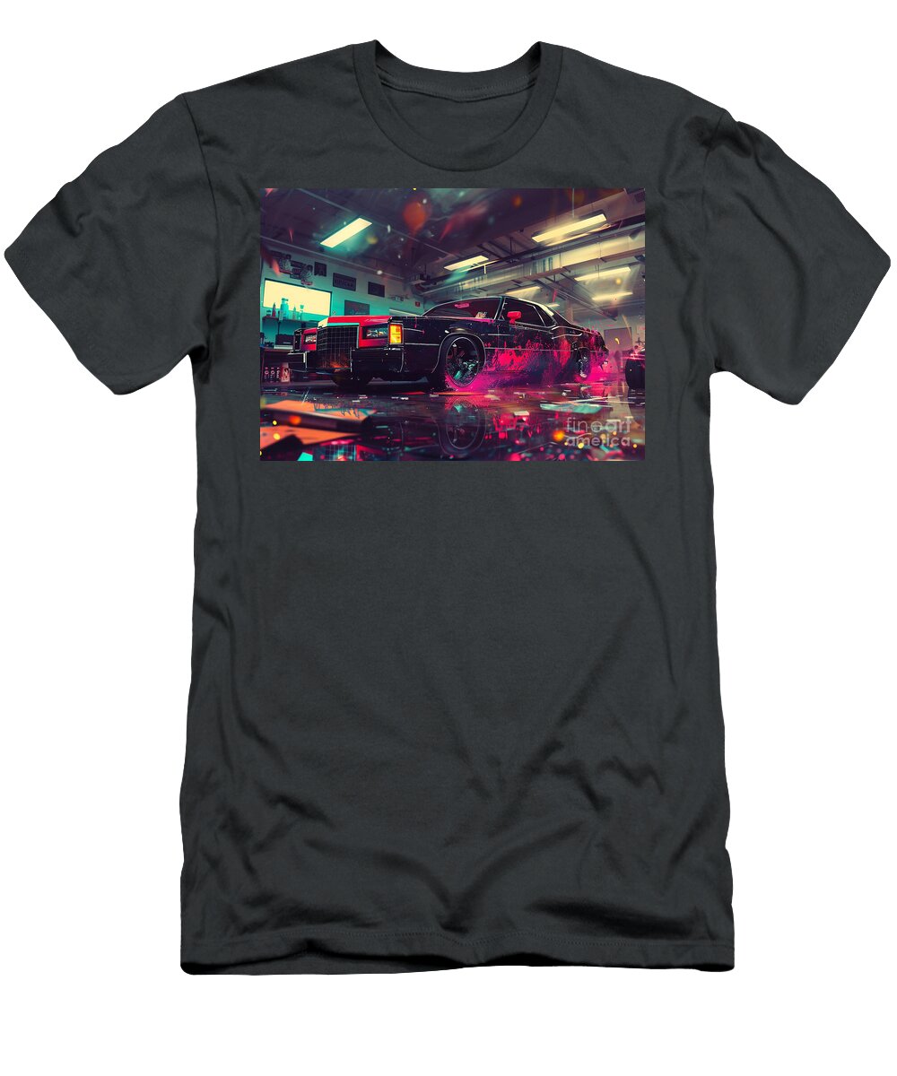 Classic Car in Garage with Neon Lights and Pink Paint Lowell Harann T-Shirt