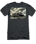 Classic Chevrolet Malibu Car Illustration Black and White Vintage Automobile in Urban Setting Destiney Sullivan T-Shirt