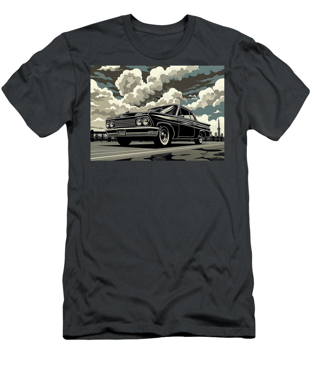 Classic Chevrolet Malibu Car Illustration Black and White Vintage Automobile in Urban Setting Destiney Sullivan T-Shirt
