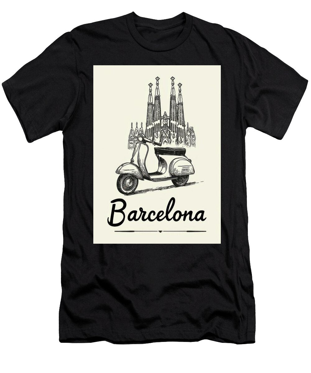 Classic Scooter in Barcelona Barcelona Scooter and Sagrada Familia Art Travel Poster Art Print T-Shirt