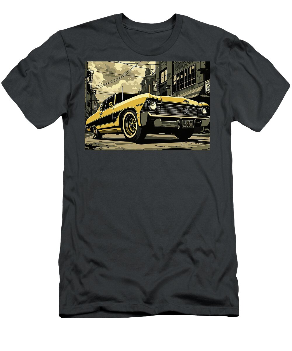 Classic Yellow Chevrolet Ss Car in Urban Setting a Retro Street Art Illustration Destiney Sullivan T-Shirt