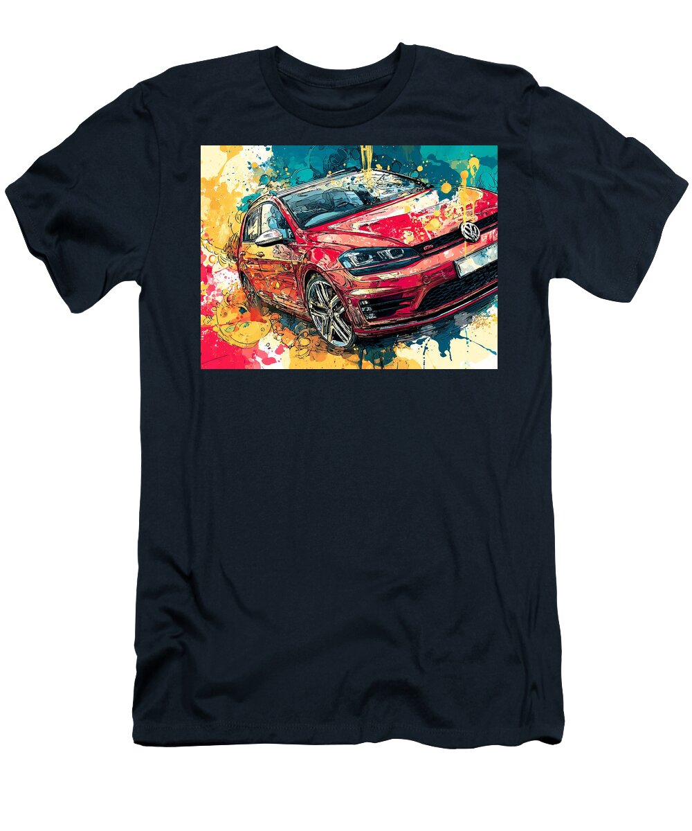 Colorful Car Illustration Modern Vehicle Volkswagen Golf Gti 2015 Hatchback Colorful Car Vibrant Red Hollie Love T-Shirt