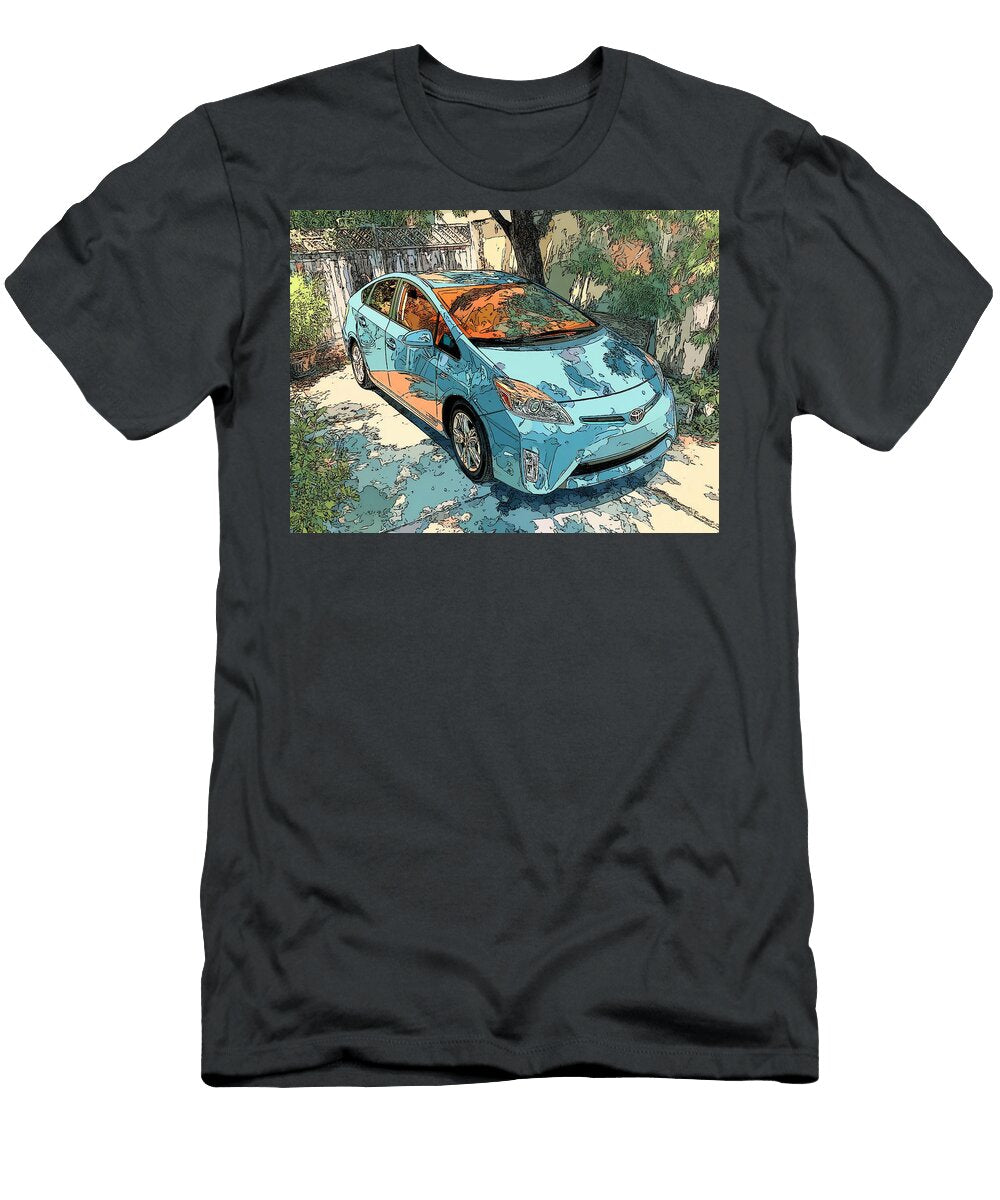 Colorful Car in Driveway Blue Vehicle Toyota Prius 2010 Hatchback Cartoon Car Vibrant Blue Cartoon C Hollie Love T-Shirt