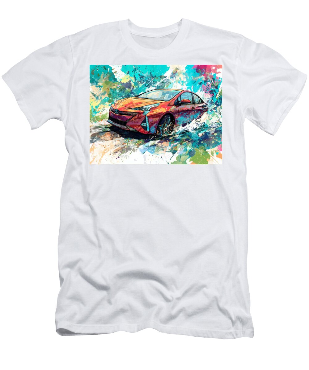 Colorful Hybrid Car Splashing Forward Car Illustration Toyota Prius 2023 Hybrid Hatchback Abstract a Hollie Love T-Shirt