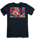 Colorful Mural Street Style Urban Scooter Vespa Gts 300 Parked in Front of a Colorful Mural Playfu Grover Mcclure T-Shirt