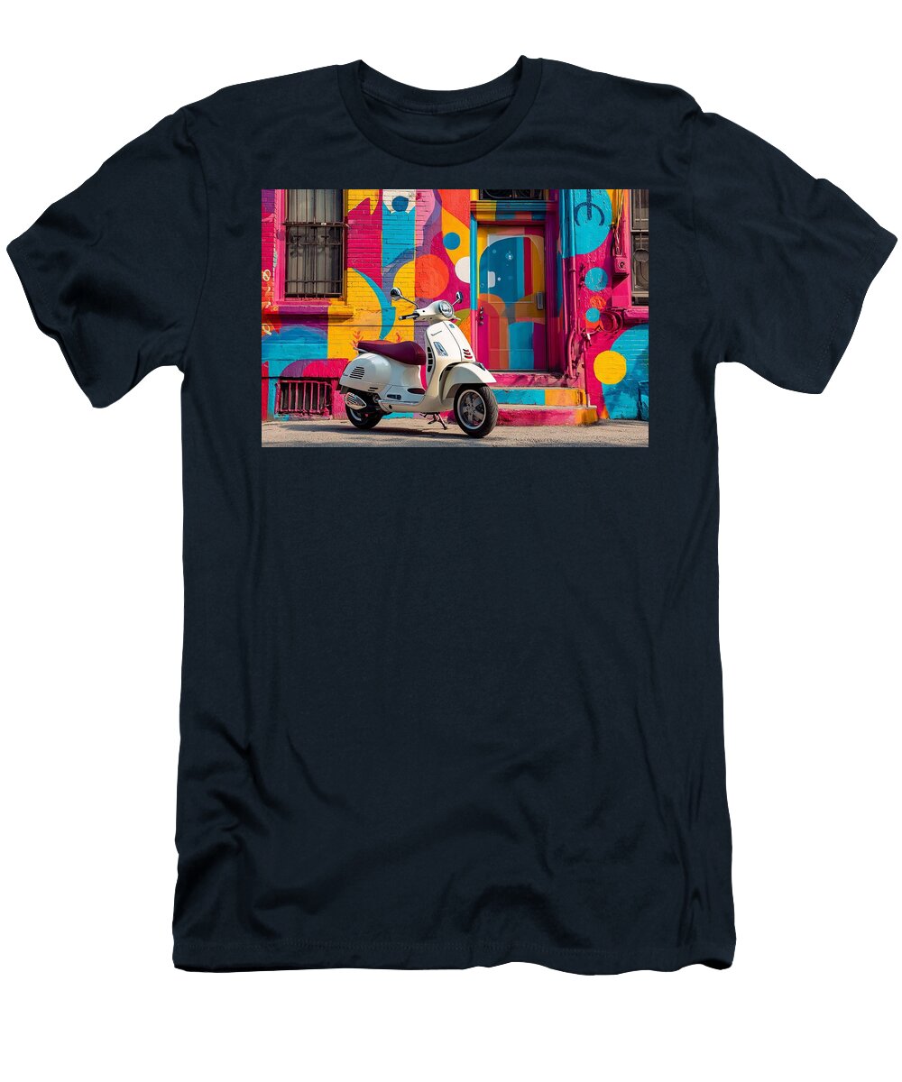 Colorful Mural Street Style Urban Scooter Vespa Gts 300 Parked in Front of a Colorful Mural Playfu Grover Mcclure T-Shirt