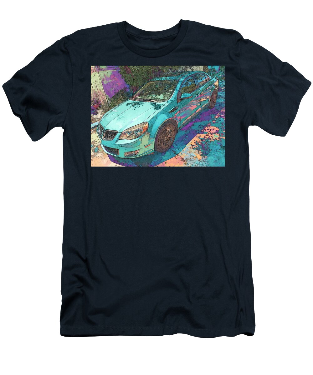 Colorful Pontiac Sedan in Driveway Pontiac G6 2013 Sedan Street Art Colorful Car Vibrant Teal Car Ar Hollie Love T-Shirt