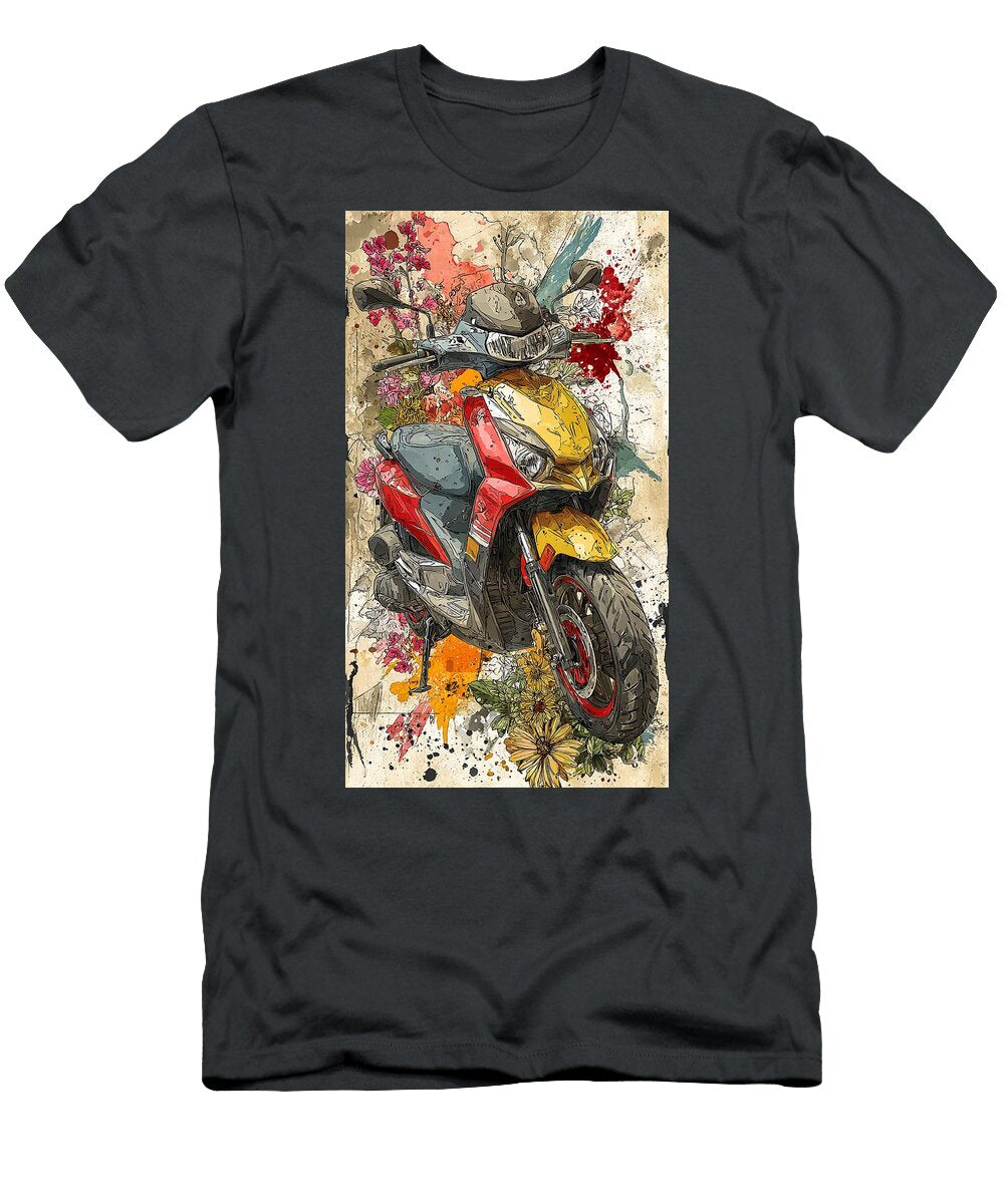 Colorful Scooter Art Aprilia Sr Gt 200 Urban Scooter Sleek Floral Motorcycle Design Eldre Delvie T-Shirt