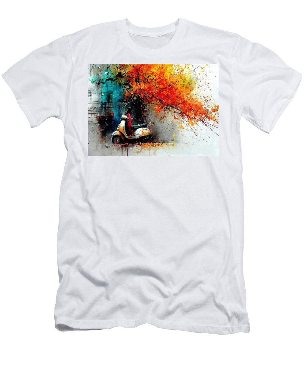 Colorful Scooter Ride in Autumn Flora Brown T-Shirt