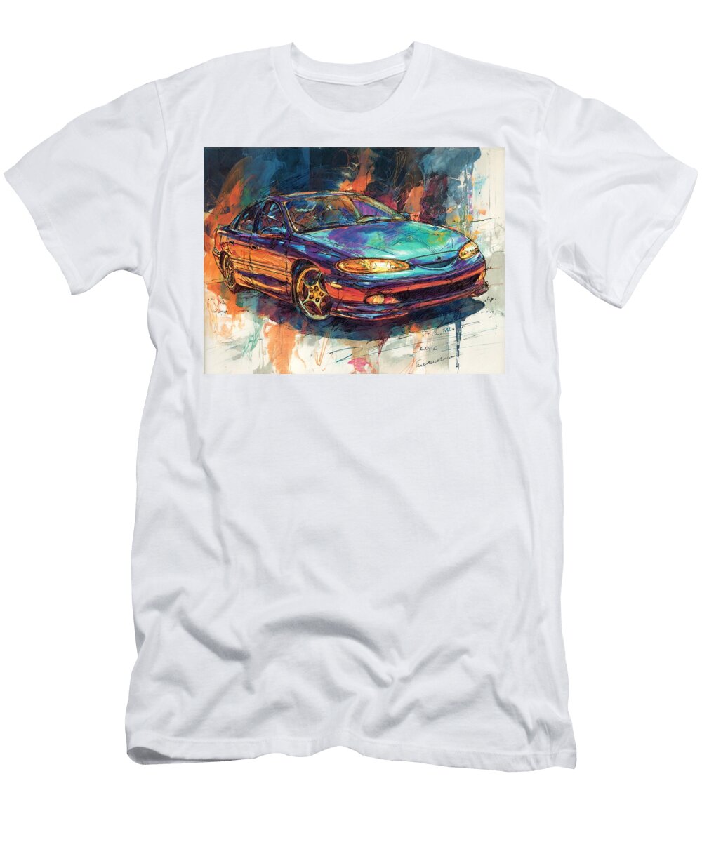 Colorful Sedan in Motion Oldsmobile Alero 2000 Sedan Abstract Art Colorful Car Vibrant Car Art Hollie Love T-Shirt