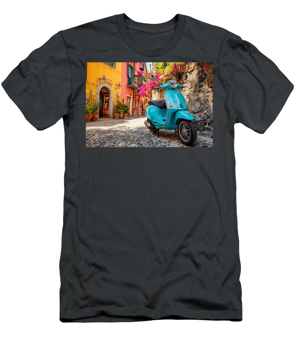 Colorful Streets Italian Scooter Charming Vespa Vespa Primavera Parked on a Cobbled Street in Italy Grover Mcclure T-Shirt